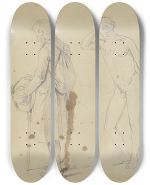 Triptych art skateboard deck of Jakob Becker Bauer Mit Rucksack Und Mnnlicher Akt by Jakob Becker (1810-1872)