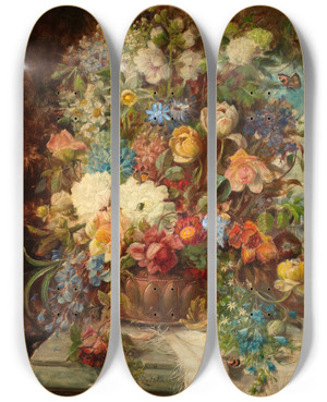 Triptych art skateboard deck of Hans Zatzka Summer Flowers On A Ledge by Hans Zatzka (1859-1945)