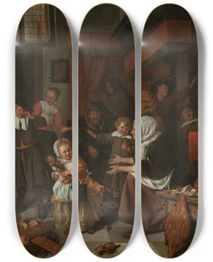 Triptych art skateboard deck of Jan Steen The Feast Of St Nicholas by Jan Steen (1626-1679)
