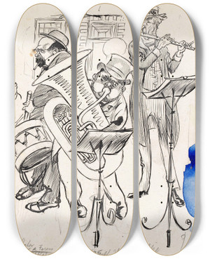 Triptych art skateboard deck of Patricq Kroon Drie Muzikanten by Patricq Kroon (1862-1941)