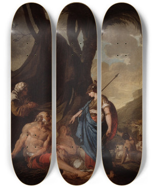 Triptych art skateboard deck of Joseph Benot Suve Erminia And The Shepherds by Joseph Benoit Suvee (1743-1807)