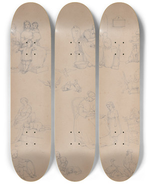 Triptych art skateboard deck of Thomas Vilhelm Petersen Sketch Sheet Of Illustrations by Thomas Vilhelm Petersen (1820-1859)