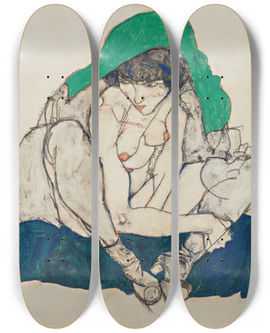 Triptych art skateboard deck of Egon Schiele Crouching Woman With Green Headscarf by Egon Schiele (1890-1918)