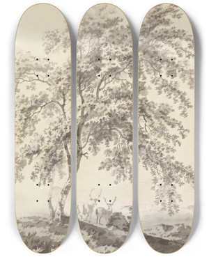 Triptych art skateboard deck of George Barret Tree Study With Stags Landscape by George Barret (1767-1842)