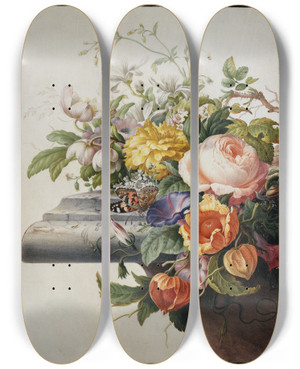 Triptych art skateboard deck of Herman Henstenburgh Bouquet Of Flowers by Herman Henstenburgh (1667-1726)