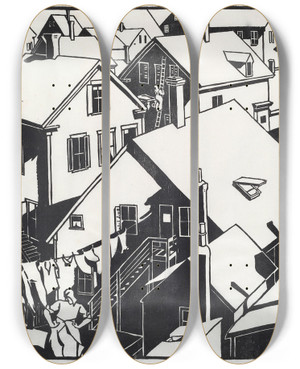 Triptych art skateboard deck of Mildred Mcmillen Housetops by Mildred Mcmillen (1884-1940)