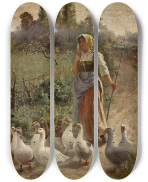 Triptych art skateboard deck of Margaret A Rudisill The Goose Girl Picardy France by Margaret A Rudisill