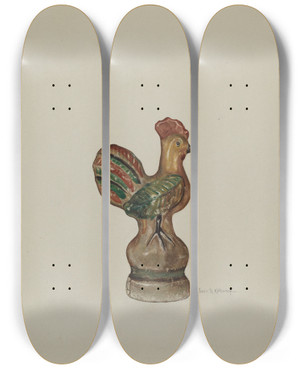 Triptych art skateboard deck of Elmer R Kottcamp Chalkware Rooster by Elmer R Kottcamp