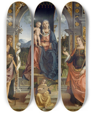 Triptych art skateboard deck of Marco Palmezzano The Virgin And Child Enthroned With Saints John The Baptist And Lucy by Marco Palmezzano (1460-1539)