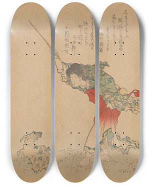 Triptych art skateboard deck of Yanagawa Shigenobu Woman Transforming A Rock Into A Goat by Yanagawa Shigenobu (1787-1832)