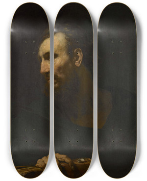 Triptych art skateboard deck of Willem Drost Old Man With A Book by Willem Drost (1633-1659)