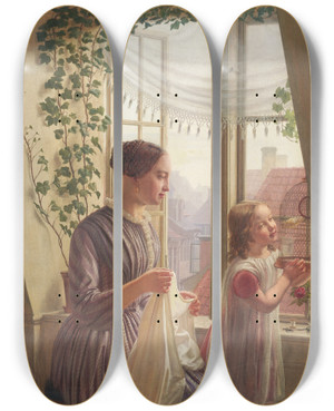 Triptych art skateboard deck of Ludvig August Smith Interior With Mother And Daughter At The Window by Ludvig August Smith (1820-1906)