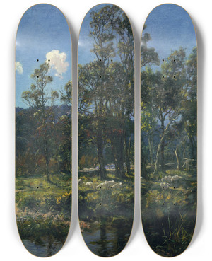 Triptych art skateboard deck of James Nairn Changing Pasture by James M Nairn (1859-1904)