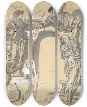 Triptych art skateboard deck of Gustave Dor Study For Afrontispiece by Gustave Dore (1832-1883)