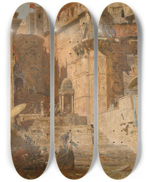 Triptych art skateboard deck of Marius Bauer Benares 1913 by Marius Bauer (1867-1932)