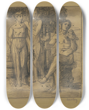 Triptych art skateboard deck of Albert Lang Apollo And Two Muses by Albert Lang (1847-1933)