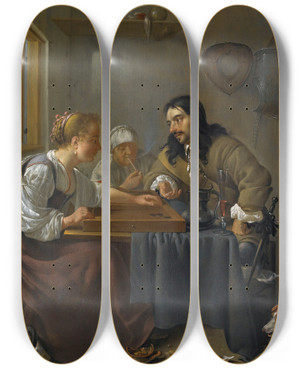 Triptych art skateboard deck of Jacob Duck A Couple Playing Backgammon by Jacob Duck (1600-1667)