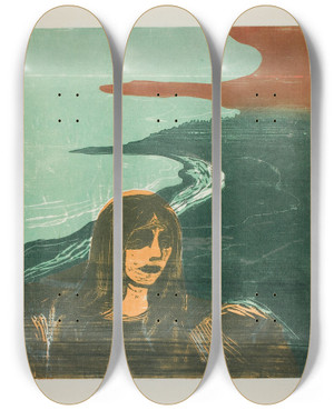 Triptych art skateboard deck of Edvard Munch Womans Head Against The Shore by Edvard Munch (1863-1944)