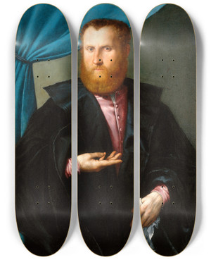 Triptych art skateboard deck of Lorenzo Lotto Portrait Of A Bearded Man by Lorenzo Lotto (1480-1556)