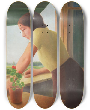 Triptych art skateboard deck of Georg Schrimpf Ausschauende_2 by Georg Schrimpf (1889-1938)