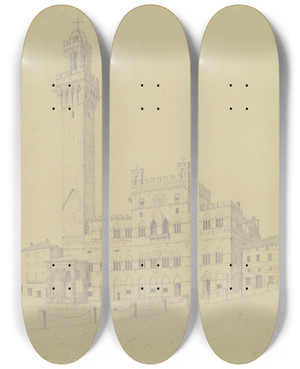 Triptych art skateboard deck of Friedrich Wilhelm Ludwig Der Palazzo Pubblico In Siena by Friedrich Wilhelm Ludwig (1828)