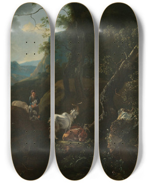 Triptych art skateboard deck of Adam Pynacker A Sherpherdess With Animals In A Mountainous Landscape by Adam Pynacker (1615-1673)
