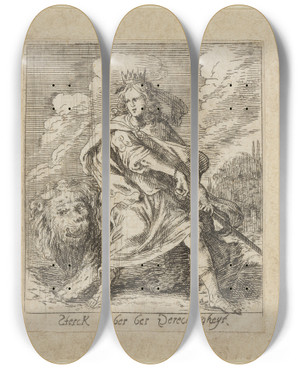 Triptych art skateboard deck of Johann Wilhelm Baur Forza Alla Giustizia Sottoposta by Johann Wilhelm Baur (1607-1640)