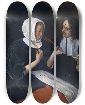 Triptych art skateboard deck of Jan Steen A Couple Drinking by Jan Steen (1626-1679)