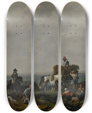 Triptych art skateboard deck of Johannes Lingelbach Falconers On A Path With Harvesters Loading Hay Onto A Wagon Nearby A Valley Beyond At Dusk by Johannes Lingelbach (1622-1674)
