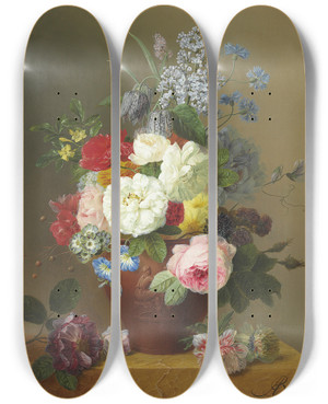 Triptych art skateboard deck of Arnoldus Bloemers Roses Poppies Cornflowers Convulvulus Jasmine Fritilleries A Primula A Peony And Lilac In A Terracotta Vase With A Sprig Of Roses And Other Flowers On A Stone Ledge by Arnoldus Bloemers (1792-1844)