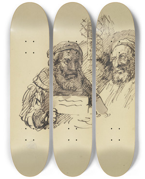 Triptych art skateboard deck of Carl Friedrich Von Rumohr Zwei Alte Herren Im Gesprch Ber Ein Schriftstck by Carl Friedrich Von Rumohr