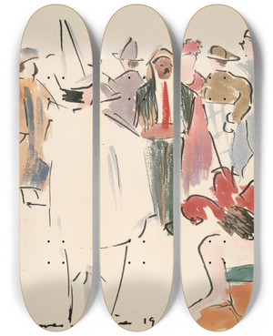 Triptych art skateboard deck of Joaqun Torresgarca Artists Ball Pierrot And Figuresstanding by Joaqun Torres-Garca (1874-1949)