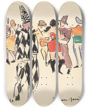Triptych art skateboard deck of Joaqun Torresgarca Artists Ball Harlequin Anddancers by Joaqun Torres-Garca (1874-1949)