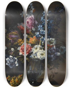 Triptych art skateboard deck of Jeanbaptiste Monnoyer A Still Life With Tulips A Hyacinth And Other Flowers In A Glass Vase On A Stone Plinth by Jean-Baptiste Monnoyer (1636-1699)