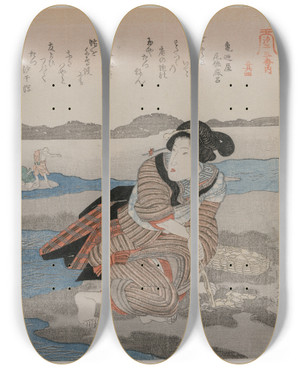 Triptych art skateboard deck of Utagawa Kuniyoshi Woman Digging Clams From The Series Five Pictures Of Low Tide by Utagawa Kuniyoshi (1797-1861)