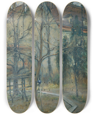 Triptych art skateboard deck of Alois Hnisch Trber Wintertag Blick Aus Meinem Atelierfenster by Alois Hanisch (1866-1937)