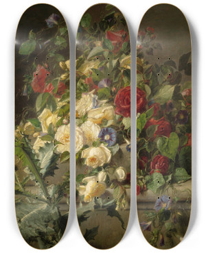 Triptych art skateboard deck of Adriana Johanna Haanen Bloeiende Rozen Over Een Oude Balustrade by Adriana Johanna Haanen (1814-1895)