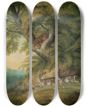Triptych art skateboard deck of Williamsamuel Howitt A Leopard With Two Passing Deer by William-Samuel Howitt (1765-1822)