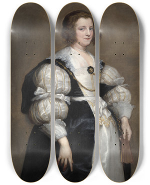 Triptych art skateboard deck of Anthony Van Dyck Lady With A Fan by Anthony Van Dyck (1599-1641)