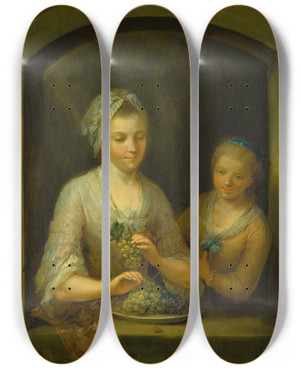 Triptych art skateboard deck of Johann Andreas Herrlein A Woman And A Girl At A Window by Johann Andreas Herrlein