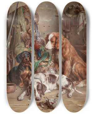 Triptych art skateboard deck of Carl Reichert After The Hunt by Carl Reichert (1836-1918)