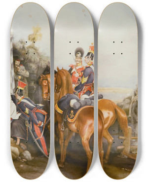Triptych art skateboard deck of Alexander Bogdanovich Villevalde The Charming Officer by Alexander Bogdanovich Villevalde (1857-1906)