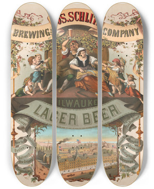 Triptych art skateboard deck of Moritz Ulffers Jos Schlitz Brewing Company Milwaukee Lager Beer by Moritz Ulffers (1819-1902)