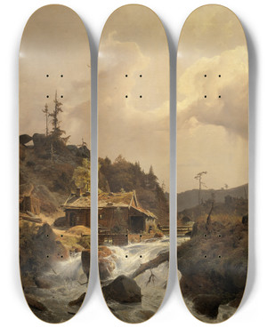 Triptych art skateboard deck of Andreas Achenbach Norwegische Landschaft Mit Sgemhle by Andreas Achenbach (1815-1910)