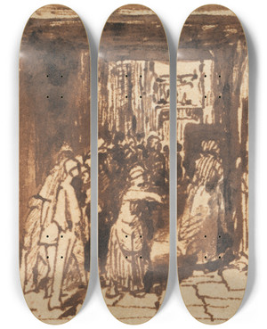 Triptych art skateboard deck of William Mulready Figures In A Doorway by William Mulready (1786-1863)