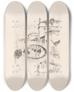 Triptych art skateboard deck of Otto Henry Bacher Bridge In Moonlight by Otto Henry Bacher (1856-1909)
