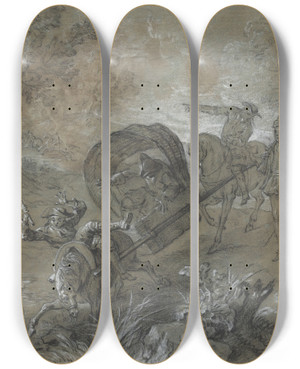 Triptych art skateboard deck of Jeanbaptiste Oudry La Rancune En Brancard Abattu Dans Le Bourbier by Jean-Baptiste Oudry (1686-1755)