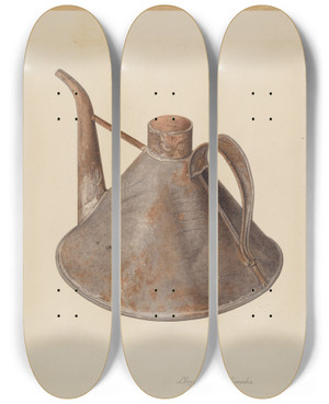 Triptych art skateboard deck of Lloyd Charles Lemcke Spouted Oil Can by Lloyd Charles Lemcke