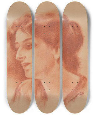 Triptych art skateboard deck of Ladislav Tresko Study Of A Womans Head by Ladislav Treskon (1900-1923)