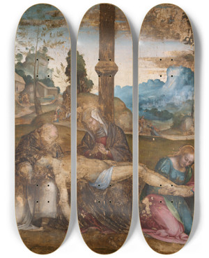 Triptych art skateboard deck of Giovanni Di Lorenzo Larciani Piet by Giovanni Di Lorenzo Larciani (1484-1527)